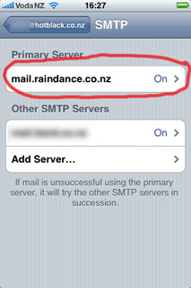 Screenshot of iPhone: SMTP screen