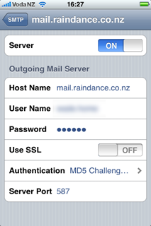 Screenshot of iPhone: SMTP Server settings screen